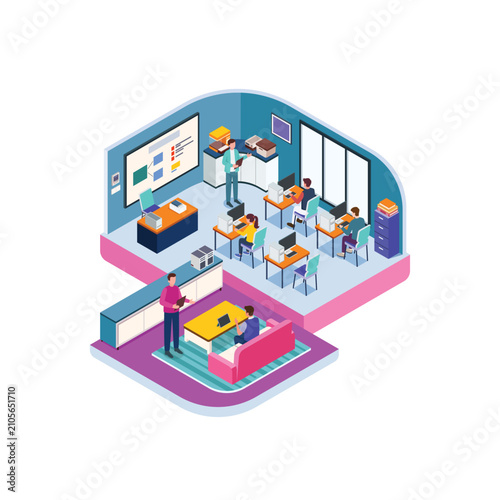 Isometric Education Concept, Classroom Lesson on Whiteboard with Students Studying