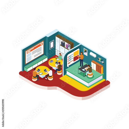 Isometric Creative Learning Space with Students Studying and Interactive Presentation Board