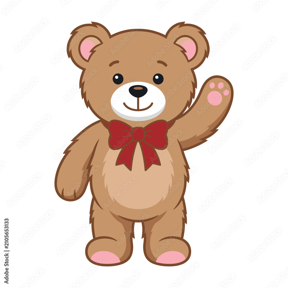 Fototapeta premium Cute brown teddy bear waving with red bow tie on white background smiling friendly