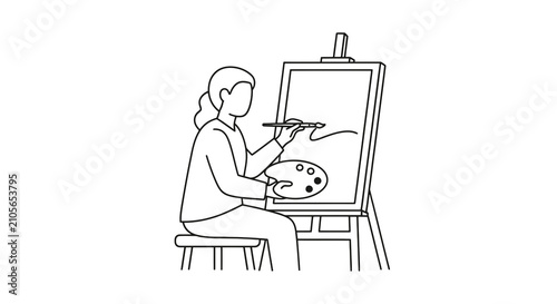 Artist painting on canvas with brush and palette.