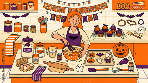 Girl Baking Halloween Cookies in Decorated Kitchen Scene Vector