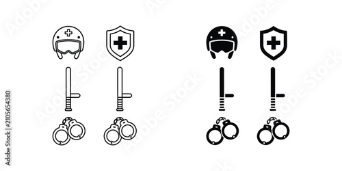 Police tactical gear set icons including helmet shield baton and wrench held by gloved hands