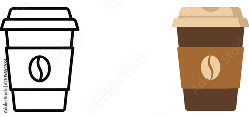 Two coffee cups one with outline style and other with flat color design on transparent background.