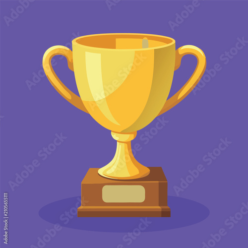Flat vector illustration of a shiny golden trophy cup with two handles on a wooden base. Modern award icon, glossy finish, clean lines,