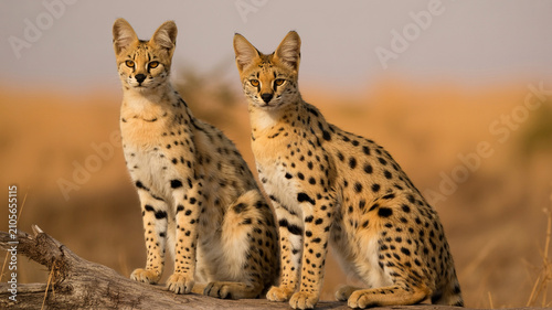 Two serval cats sitting on a log in the savanna wild cat