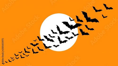 Halloween background with bat swarm flying in front of full moon on orange sky