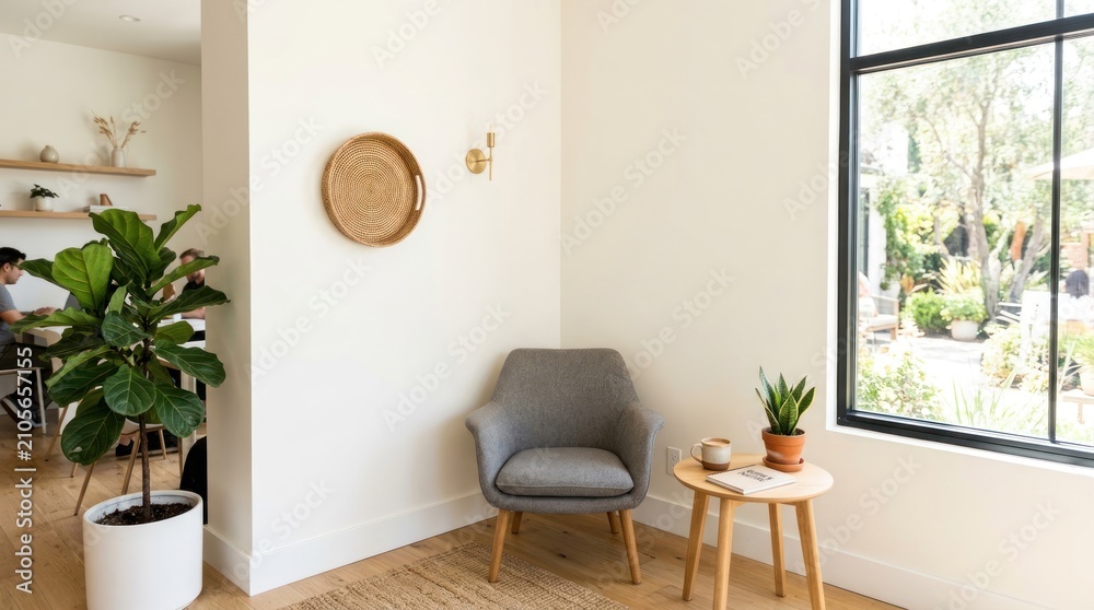 Fototapeta premium A cozy living room with a white wall, a gray armchair, a wooden coffee table, and a potted plant on the windowsill.
