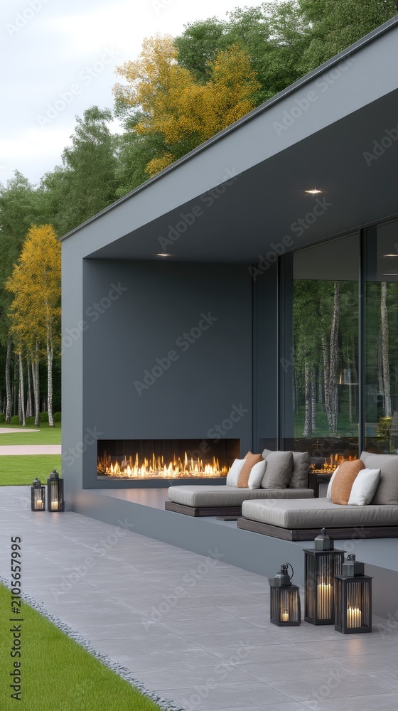 Obraz premium Modern outdoor patio features a linear fireplace, large chaises, and natural backdrop of trees with bright leaves in a stylish design at day