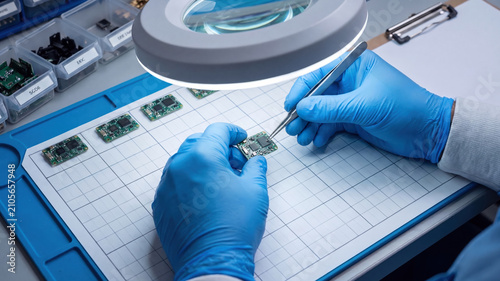 Technician in blue gloves using tweezers to place a delicate electronic component on a small circuit board under a magnifying lamp