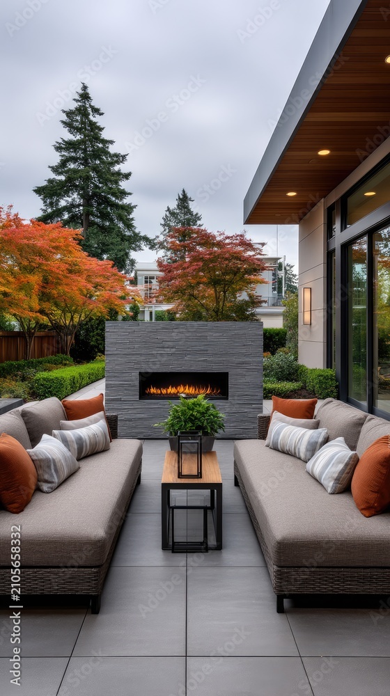 Obraz premium Contemporary outdoor living space with linear fireplace and comfortable daybeds surrounded by autumn trees