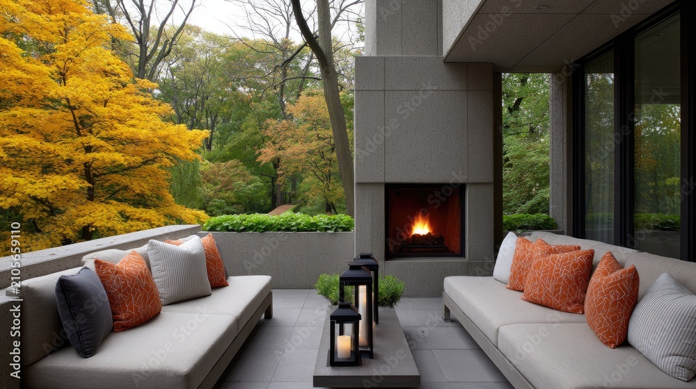 Obraz premium Modern patio area with fireplace surrounded by greenery and decorative lanterns, showcasing outdoor living in fall season with gray tiles and bright colors