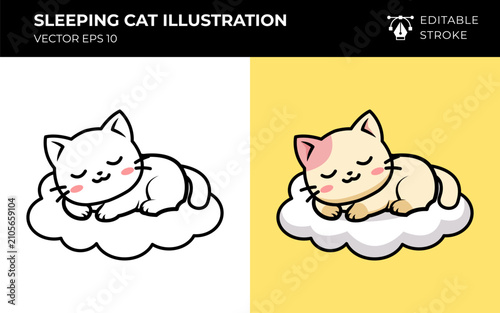 Obraz na płótnie Adorable kawaii sleeping cat illustration with editable line and color versions