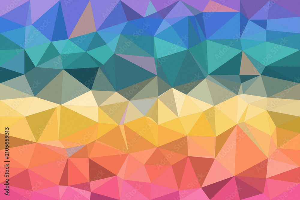 Fototapeta premium Abstract geometric polygon pattern in teal, blue, orange, and pink, creating a modern colorful mood with clean backdrop space for presentations and designs.