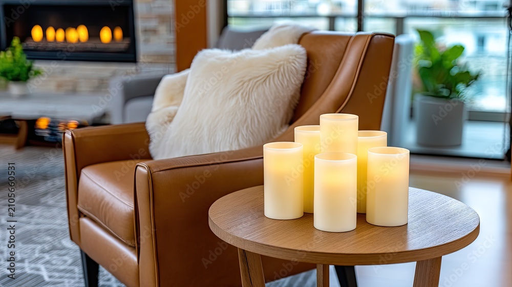 Obraz premium Cozy indoor setting with a brown leather armchair, warm candles, and a soft throw, creating a welcoming atmosphere for relaxation