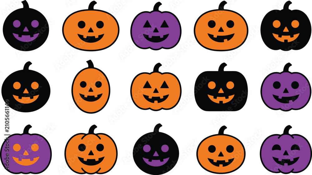 Fototapeta premium Halloween pumpkin icon set with spooky carved jack o lantern faces in orange black and purple colors