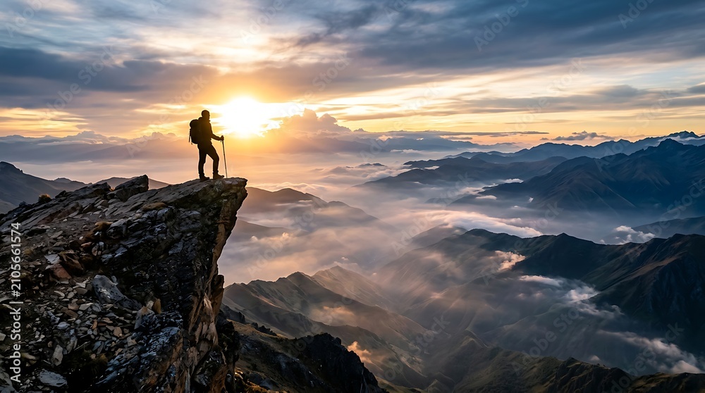 Obraz premium A lone hiker stands triumphantly on a rugged mountain peak, overlooking a breathtaking panorama of misty valleys and distant ranges bathed in the warm glow of a sunrise.