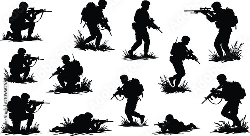 Obraz na płótnie Silhouettes of soldiers in various combat positions