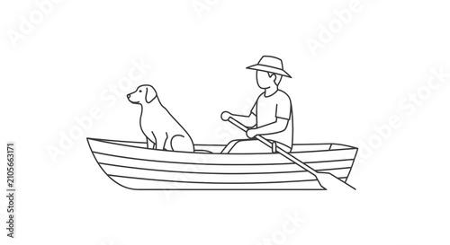 Fotografija Man and dog rowing in a small boat together.