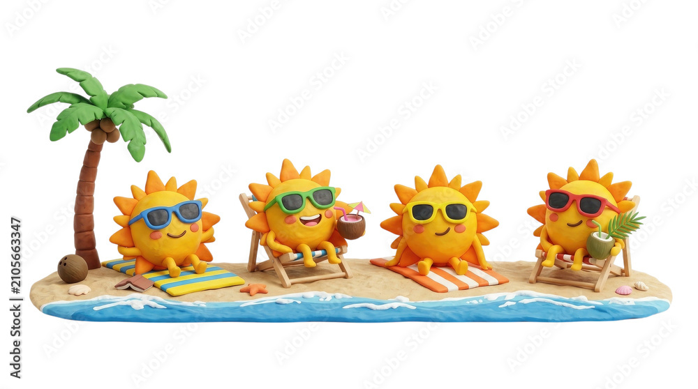 Naklejka premium Four smiling sun characters relaxing on a beach isolated on transparent background