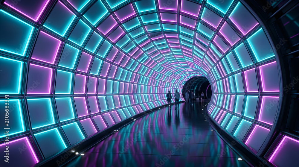 Fototapeta premium Dynamic tunnel of curving frosted glass squares illuminated by vibrant cyan and magenta neon edge-lighting, sleek futuristic commercial 3d render, 8k resolution.
