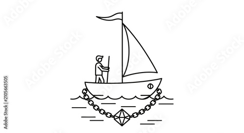Foto Illustrated sailboat with anchor and captain at sea.