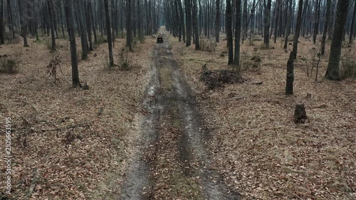 Off-road vehicle navigating a muddy forest trail, showcasing the dynamic movement through the trees, with fallen leaves and earthy textures enhancing the adventurous atmosphere