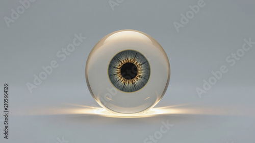 A Centered Luminous Glass Orb Enclosing A Detailed Hazel And Blue Iris With A Black Pupil Illuminated From Below Against A Minimalist Grey Background
