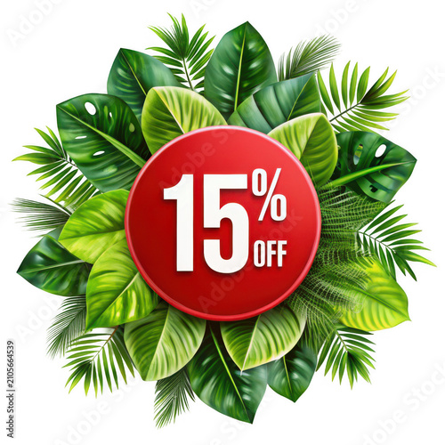 Discount offer with tropical leaves and 15 percent off