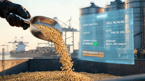 A Gloved Hand Scooping Soybeans At A Shipping Port With A Digital Overlay Showing Smart Agricultural Data And Harvest Analytics