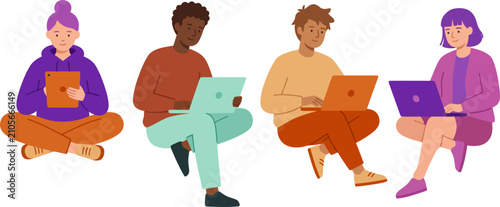 Diverse group of young adults working on laptops together