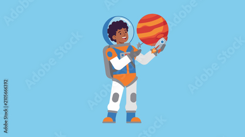 Fotografie Young Boy Astronaut Playing with a Small Planet Model
