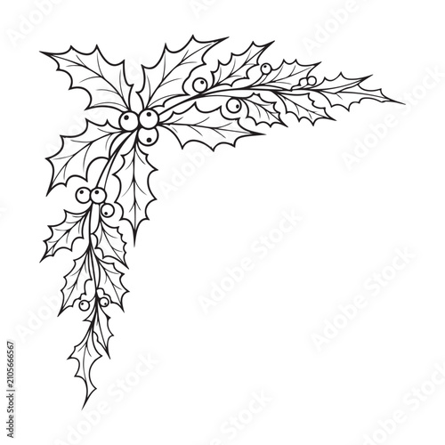 Holly branch with leaves and berries line art illustration corner border for Christmas holiday decoration