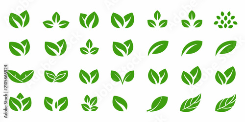 Принти на полотні Green Leaf Icons Collection Flat Vector Illustration On White Background