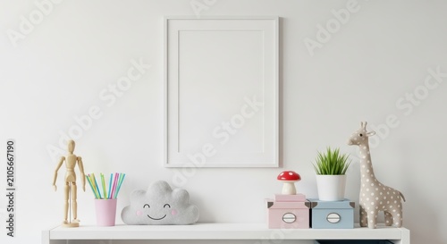Blank Vertical Picture Frame Mockup on White Wall in Child's Room with Cute Toys and Decor on Shelf