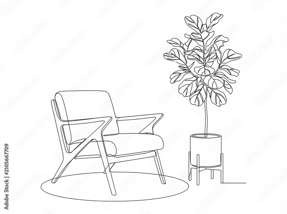Fototapeta premium Continuous line art furniture design featuring an armchair next to a potted houseplant furniture interior