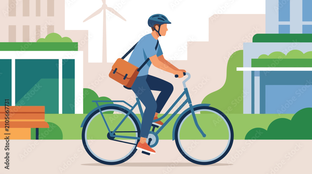 Obraz premium Young Man Commuting to Work by Bicycle in Modern City Park