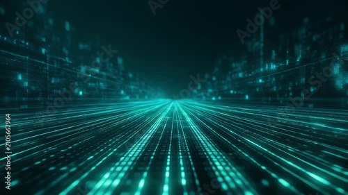 Futuristic digital data streams forming a glowing grid in a dark space