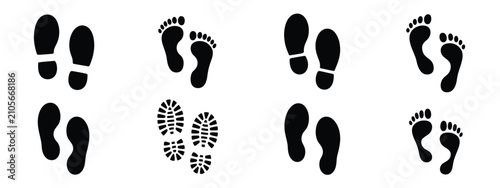 Quadro su tela Foot and shoe print icon set, human footprint symbols, walking tracks, sole mark