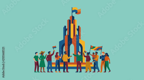 Schilderij op canvas Diverse Group Celebrating Diversity and Inclusion in Front of Abstract Architect