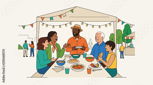Diverse Group of People Enjoying a Communal Outdoor Dinner Party Illustration