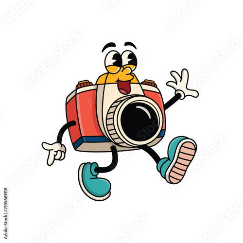 Cheerful Camera Mascot Walking and Waving Cartoon Illustration
