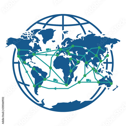 A blue world map showing global logistics and shipping routes