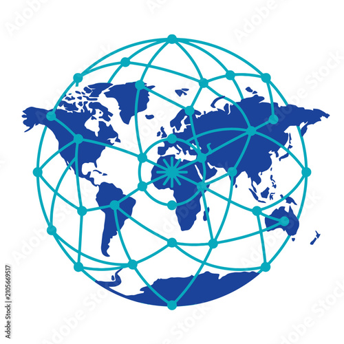 A blue world map with a digital network overlay on white