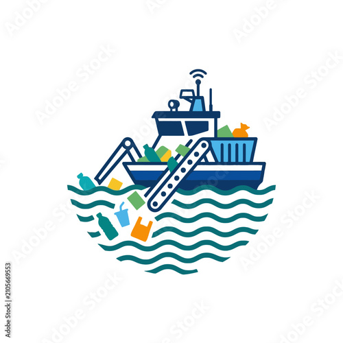 A boat cleans plastic waste from the blue ocean water surface