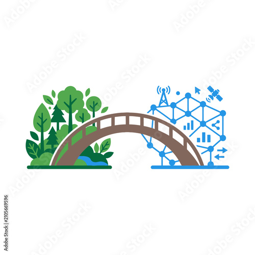 A bridge connects natural forest and digital network technology icons