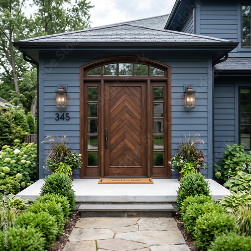 wide angle snapshot of contemporary facade architecture featuring a luxury hardwood entry door and glass transom window