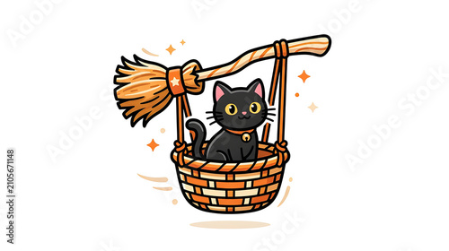 Black Cat Riding Flying Broomstick Basket