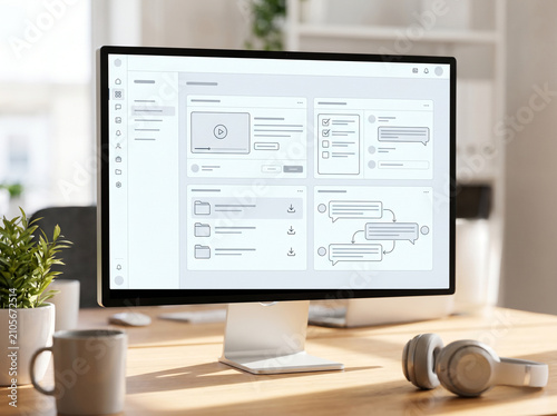Team messaging dashboard displays asynchronous communication, task updates, shared documents and threaded discussions, supporting workplace collaboration and productivity with copy space.
