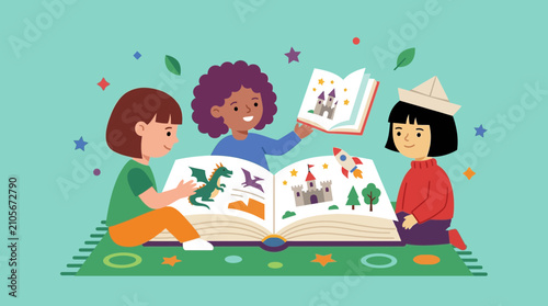 Diverse Children Reading Fantasy Story Books Together