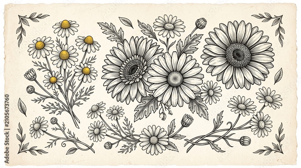 Fototapeta premium Daisy sketch of black outline ink pen engraved chamomile flowers set. Floral hand drawn engraving gerbera blossoms for vintage botanical pattern design, greeting card decoration, tattoo, logo 